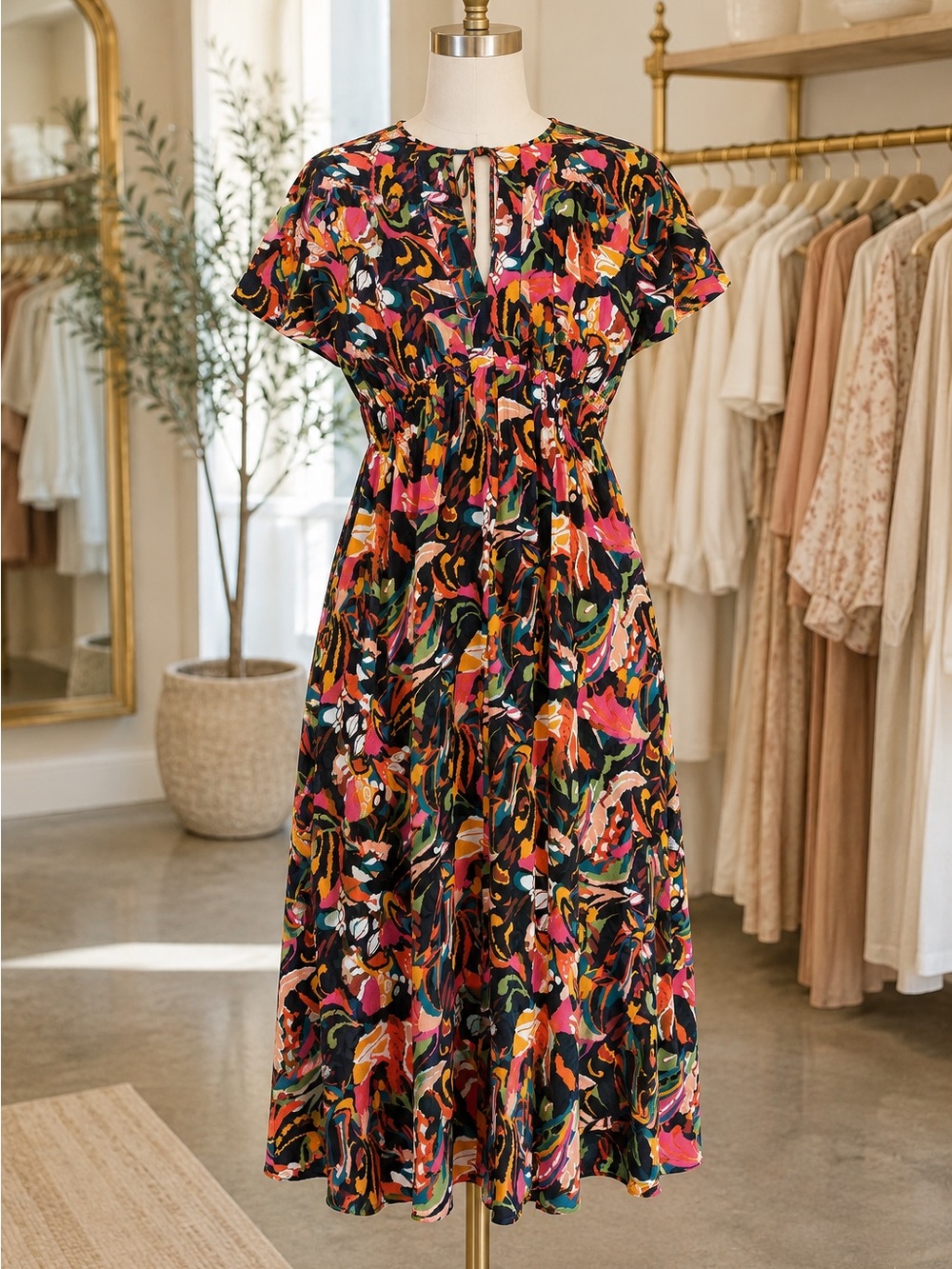 Meet me in Santorini  Floral Black Midi Dress with Cinched Waist NWT